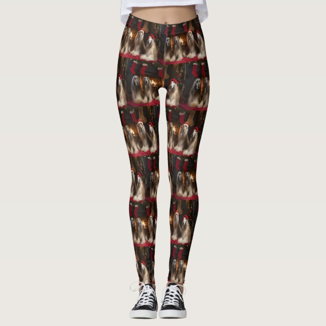 Afghanhund vid öppen spis jul leggings (Framsida)