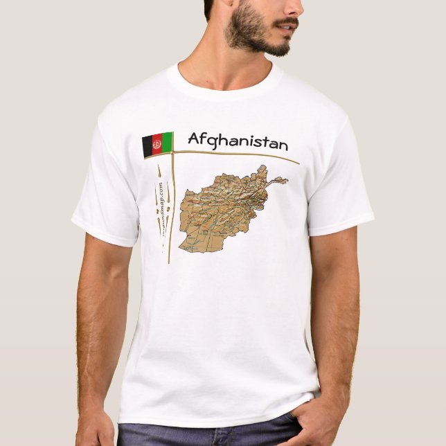 Afghanistan-karta + flagga + titel T-shirt (Framsida)