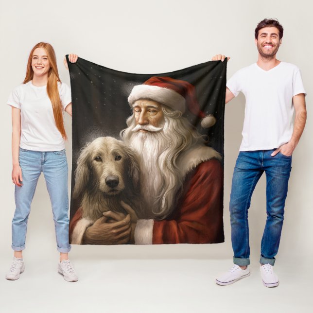 Afghansk hund med Santa Claus festlig jul Fleecefilt (På plats)