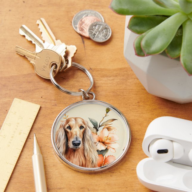 Afghansk hund och persikoliljor rund silverfärgad nyckelring (Skrivbord)