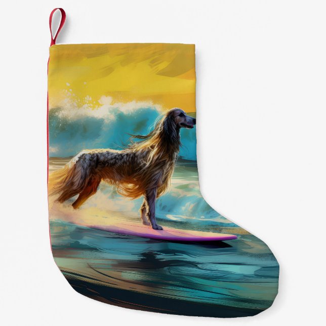 Afghansk Varghund Beach Surfing Målning Liten Julstrumpa (Framsidan)