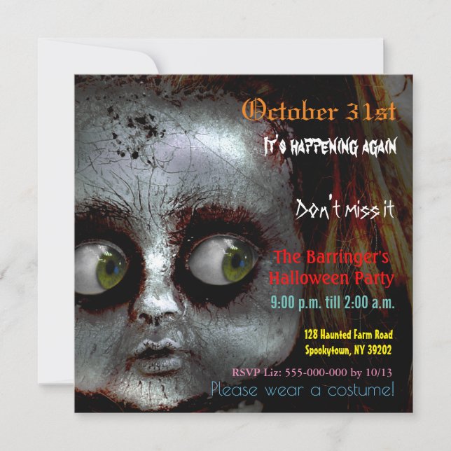 Afraid Doll Scary Halloween Semi Gloss-inbjudan Inbjudningar (Framsida)