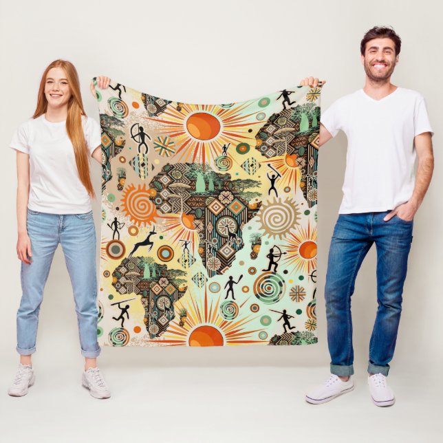 Africa Map Decorative Tribal Elements Pattern Fleecefilt (På plats)