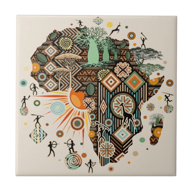 Africa Map Decorative Tribal Elements Pattern Kakelplatta (Framsidan)