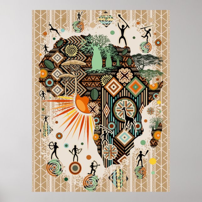 Africa Map Decorative Tribal Elements Pattern Poster (Framsidan)