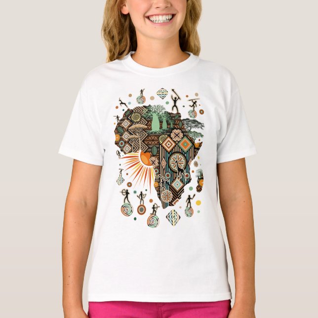 Africa Map Decorative Tribal Elements Pattern T Shirt (Framsida)
