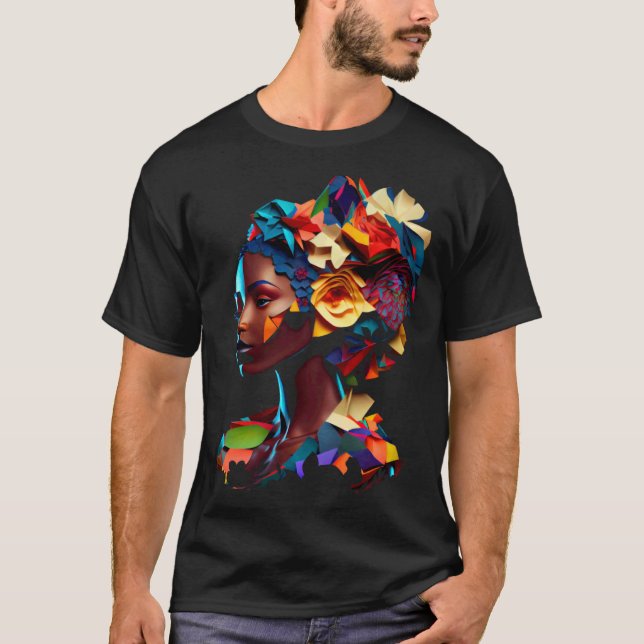 African Abstract Beautiful Origami Black Queen Flo T Shirt (Framsida)