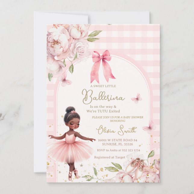 African America Ballerina Gingham Arch Baby Shower Inbjudningar (Framsida)
