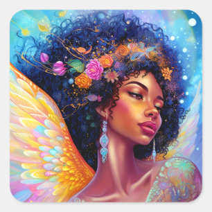 African American Angel Dam Fantasy Art Fyrkantigt Klistermärke