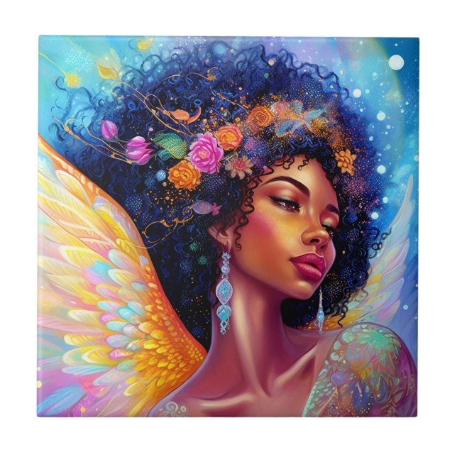 African American Angel Dam Fantasy Art Kakelplatta (Framsidan)