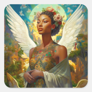 African American Angel Goddess Fantasy Art Fyrkantigt Klistermärke