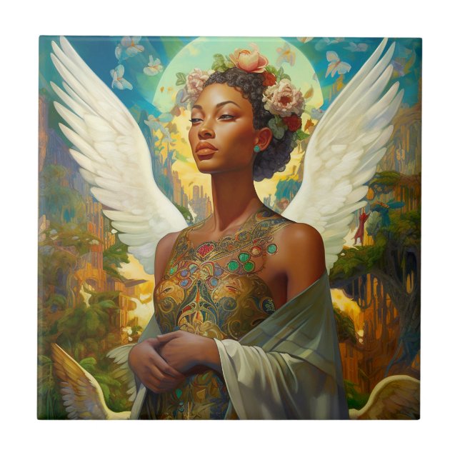 African American Angel Goddess Fantasy Art Kakelplatta (Framsidan)