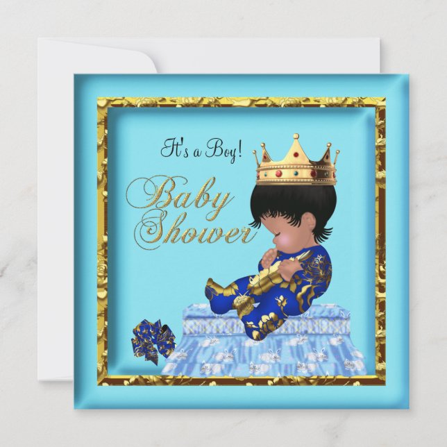 African American Baby Shower Blue Guld Boy Inbjudningar (Framsida)