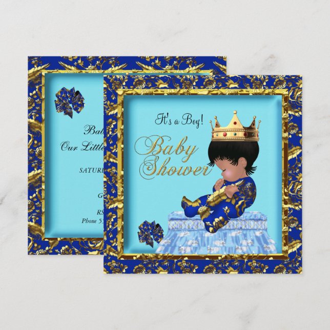 African American Baby Shower Blue Guld Boy Inbjudningar (Fram/baksida)