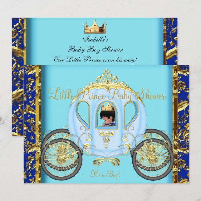 African American Baby Shower Blue Guld Boy Inbjudningar (Fram/baksida)