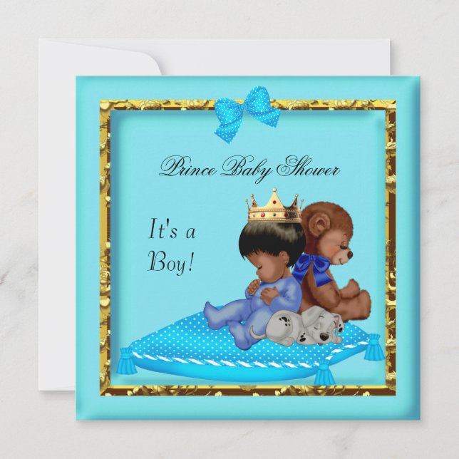 African American Baby Shower Blue Guld Boy Prince Inbjudningar (Framsida)