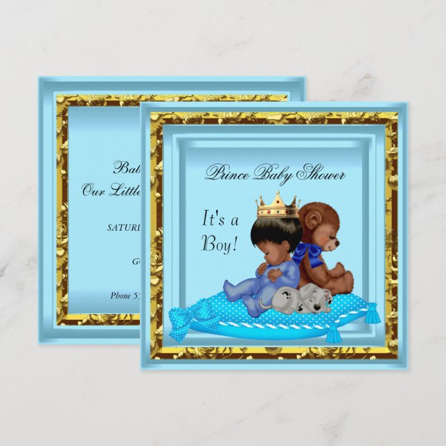 African American Baby Shower Blue Guld Boy Prince Inbjudningar (Fram/baksida)