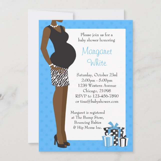 African American Baby Shower Blue med Zebra Inbjudningar (Framsida)