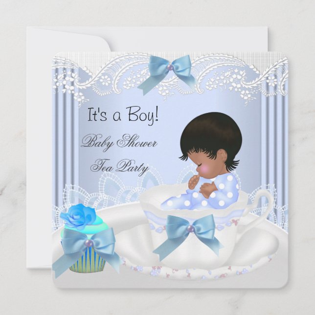 African American Baby Shower Boy Blue Baby Tekopp Inbjudningar (Framsida)