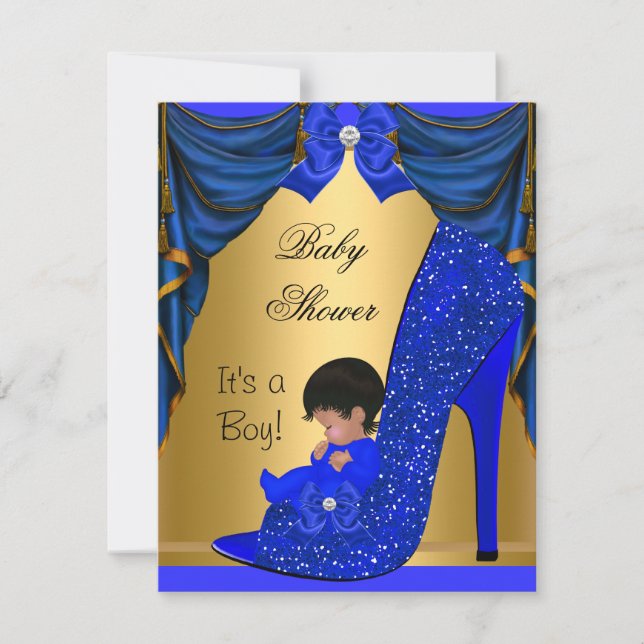 African American Baby Shower Boy Blue Guld Shoe Inbjudningar (Framsida)