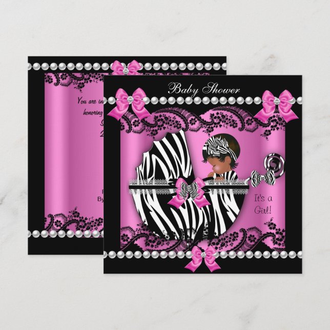 African American Baby Shower Cute Girl Rosa Zebra Inbjudningar (Fram/baksida)