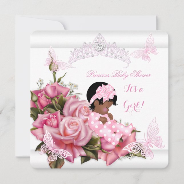 African American Baby Shower Girl Butterfly Rosa W Inbjudningar (Framsida)