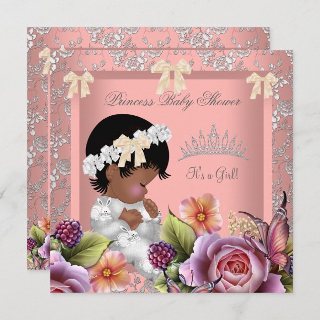 African American Baby Shower Girl Coral Rosa ros Inbjudningar (Fram/baksida)