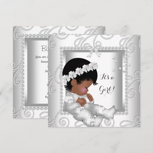 African American Baby Shower Girl Diamond White Inbjudningar (Fram/baksida)