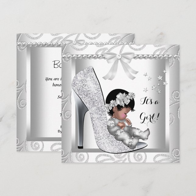 African American Baby Shower Girl Grått White Shoe Inbjudningar (Fram/baksida)