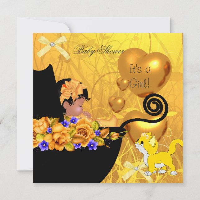 African American Baby Shower Girl Kitten Orange Inbjudningar (Framsida)
