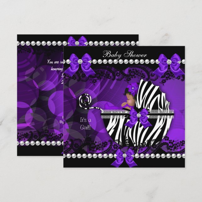 African American Baby Shower Girl Lila Zebra 2 Inbjudningar (Fram/baksida)