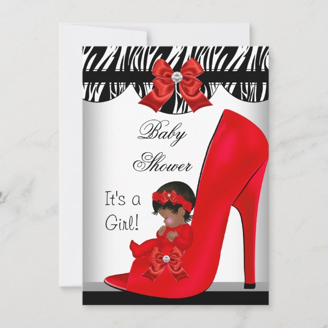 African American Baby Shower Girl Red Baby Shoe 2 Inbjudningar (Framsida)