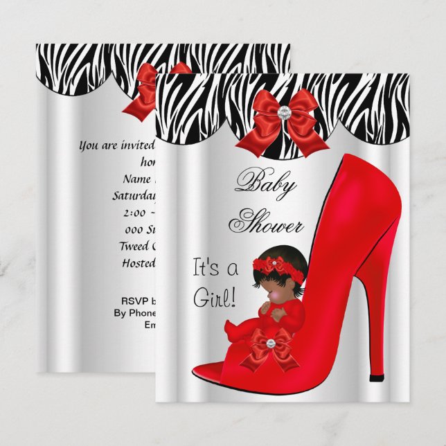 African American Baby Shower Girl Red Baby Shoe Inbjudningar (Fram/baksida)