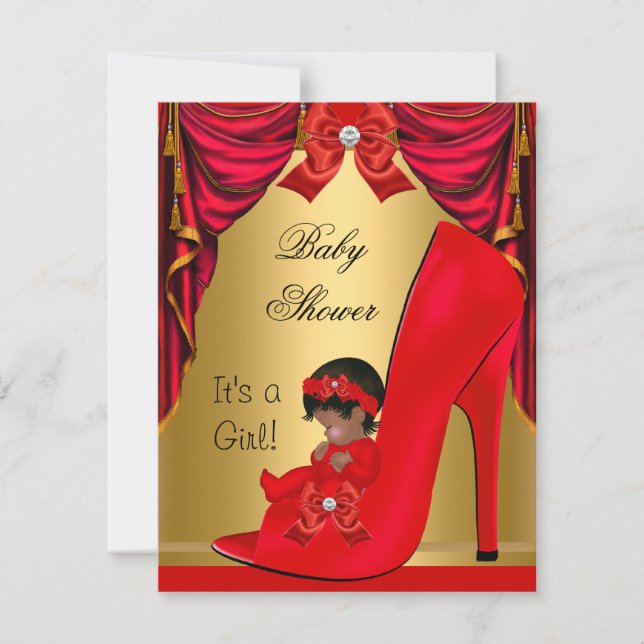 African American Baby Shower Girl Red Guld Shoe Inbjudningar (Framsida)