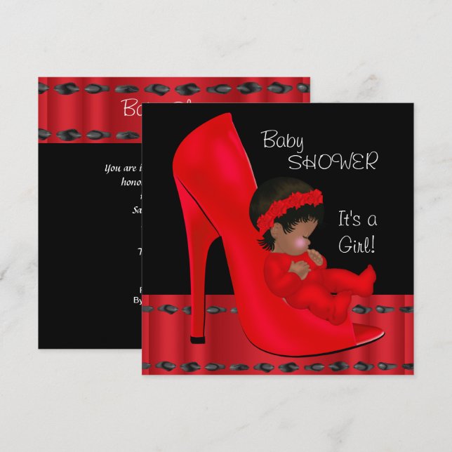 African American Baby Shower Girl Red Shoe 2 Inbjudningar (Fram/baksida)