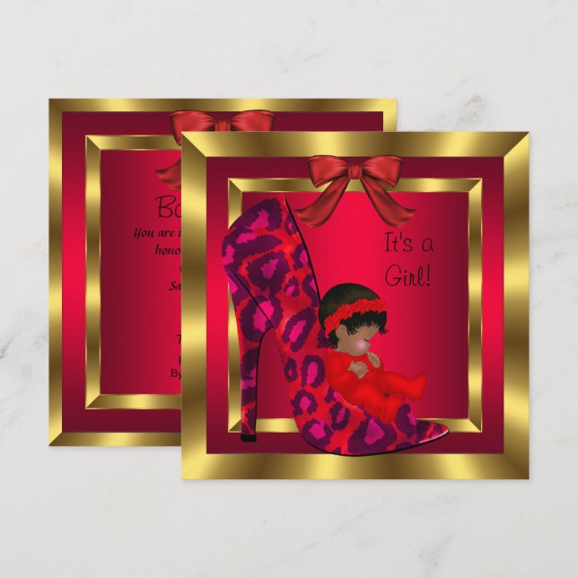African American Baby Shower Girl Red Shoe Guld Inbjudningar (Fram/baksida)