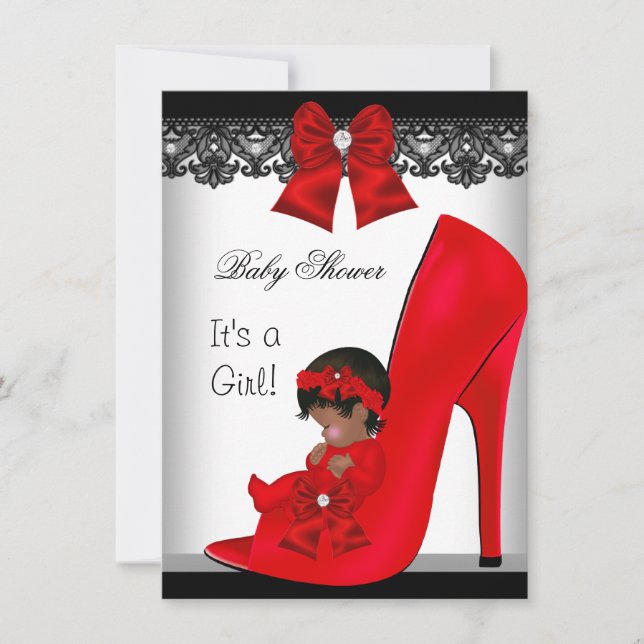 African American Baby Shower Girl Red Shoe Snöre Inbjudningar (Framsida)