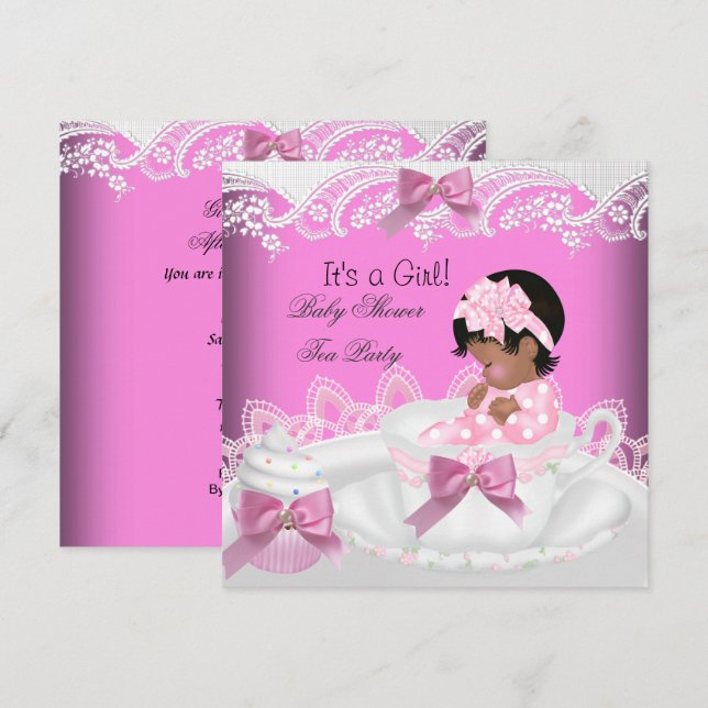 African American Baby Shower Girl Rosa Baby Tekopp Inbjudningar (Fram/baksida)