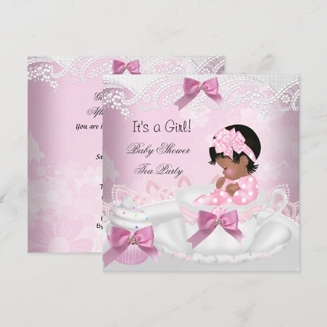 African American Baby Shower Girl Rosa Baby Tekopp Inbjudningar (Fram/baksida)