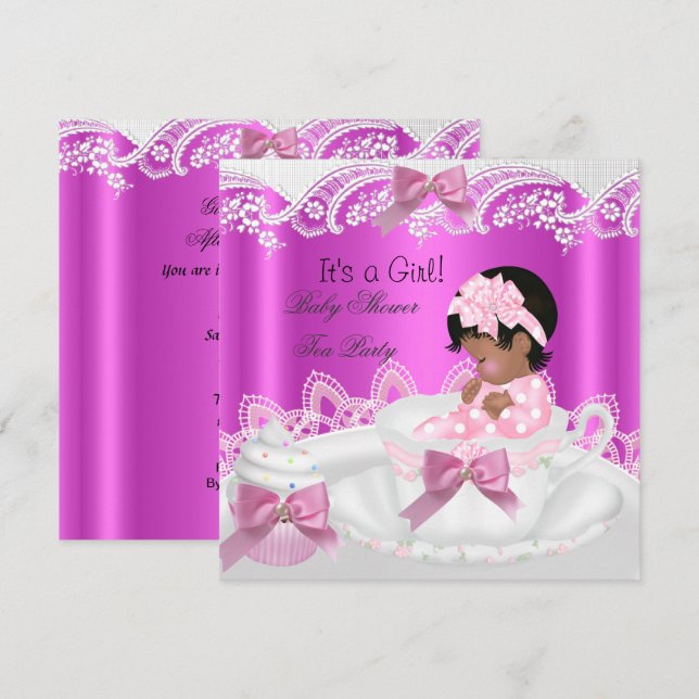 African American Baby Shower Girl Rosa i Tekopp Inbjudningar (Fram/baksida)