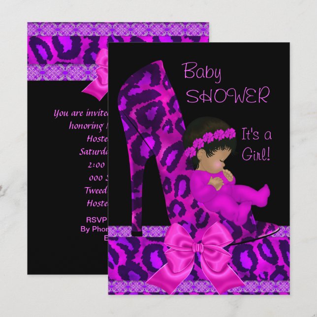 African American Baby Shower Girl Rosa Lila Shoe Inbjudningar (Fram/baksida)