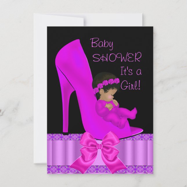 African American Baby Shower Girl Rosa Lila Shoe Inbjudningar (Framsida)