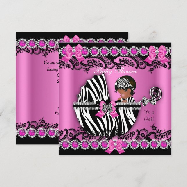 African American Baby Shower Girl Rosa Zebra Pram Inbjudningar (Fram/baksida)