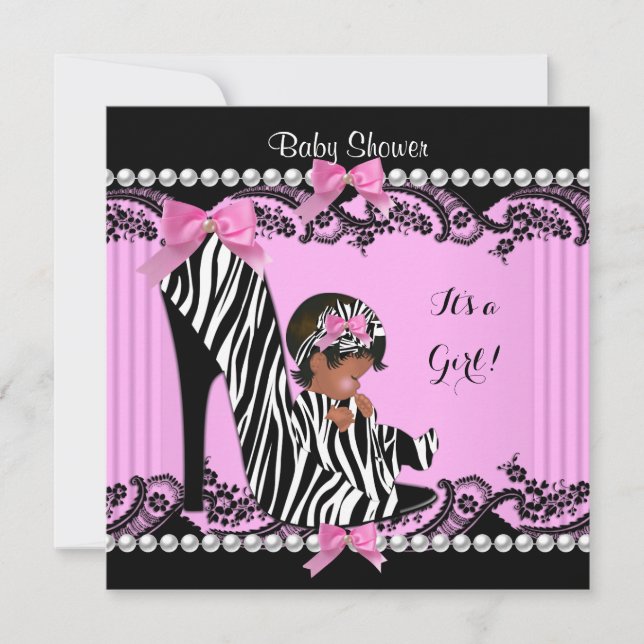African American Baby Shower Girl Shock rosa Zebra Inbjudningar (Framsida)