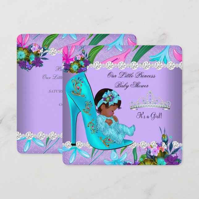 African American Baby Shower Girl Teal Lila Inbjudningar (Fram/baksida)