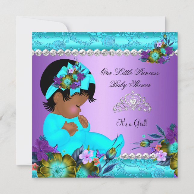 African American Baby Shower Girl Teal Lila Inbjudningar (Framsida)