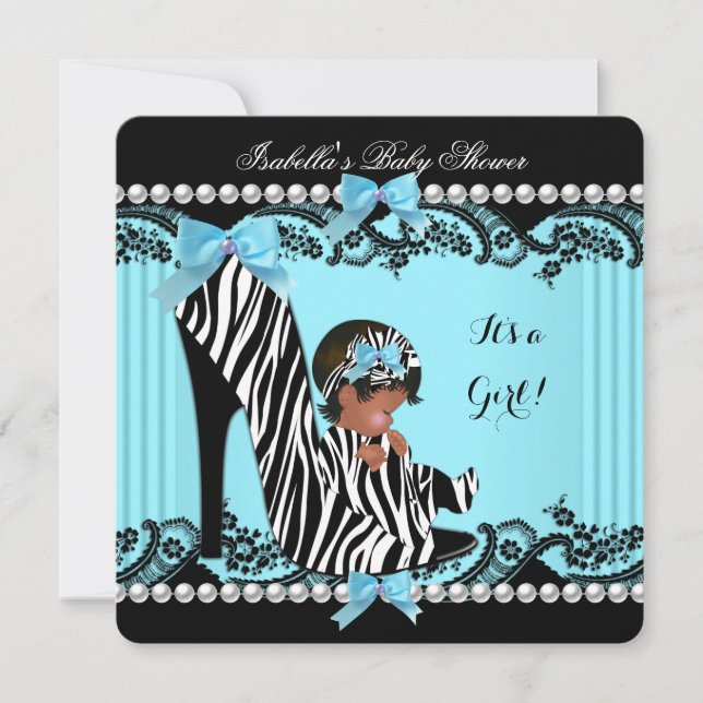 African American Baby Shower Girl Zebra Teal Inbjudningar (Framsida)