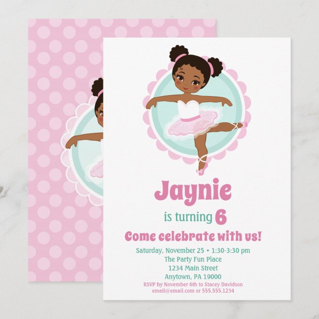 African American Ballerina Ballet Dancing Birthday Inbjudningar (Fram/baksida)