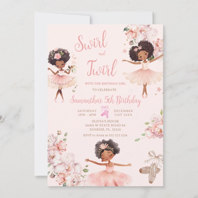 African American Ballerina Girl Tutu Birthday Inbjudningar (Framsida)