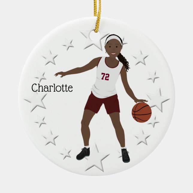 African American Basketball Girl in Maroon Julgransprydnad Keramik (Framsidan)